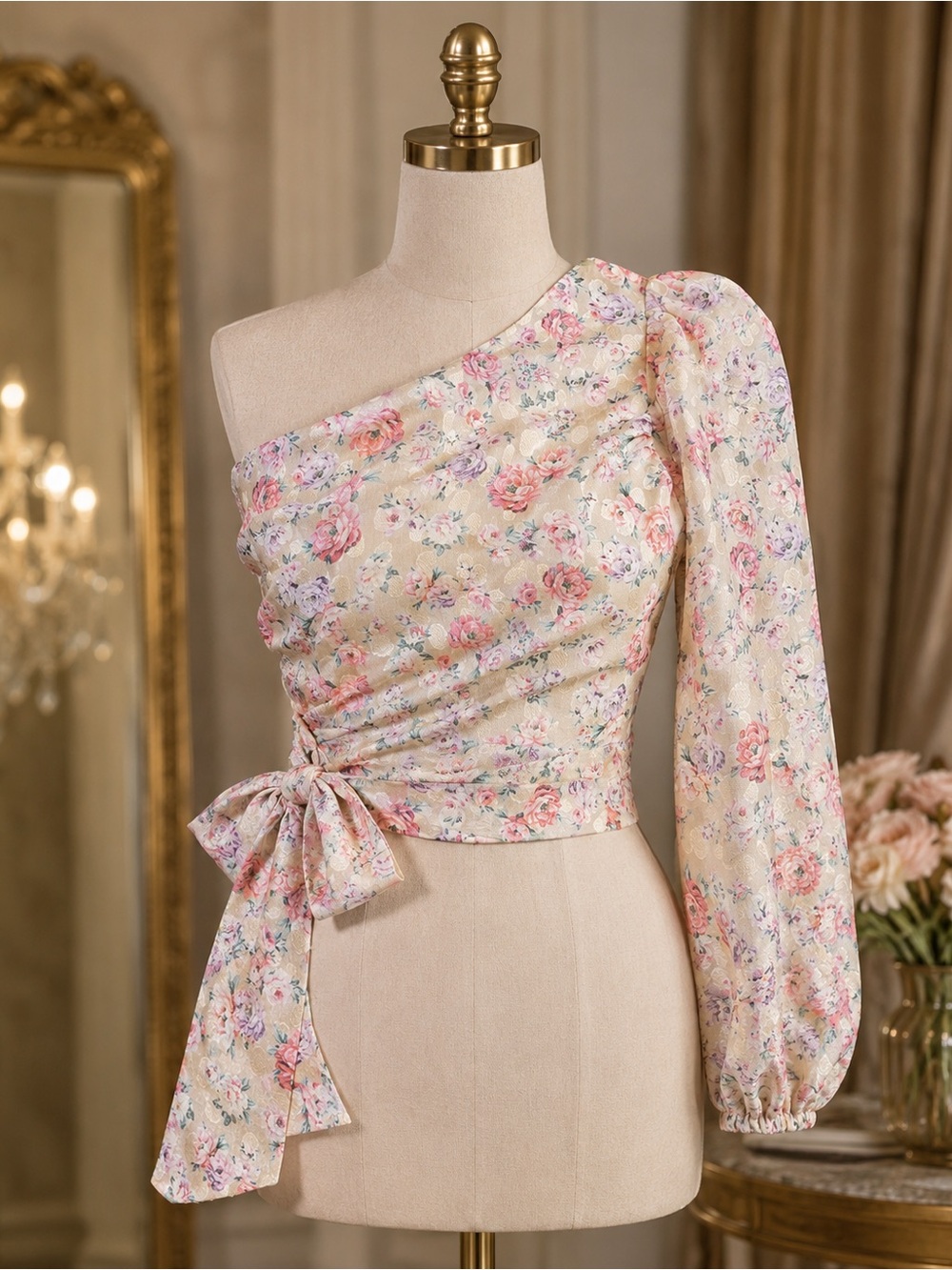 Express NWT Floral One Shoulder Puff Sleeve Tie Waist Top Small